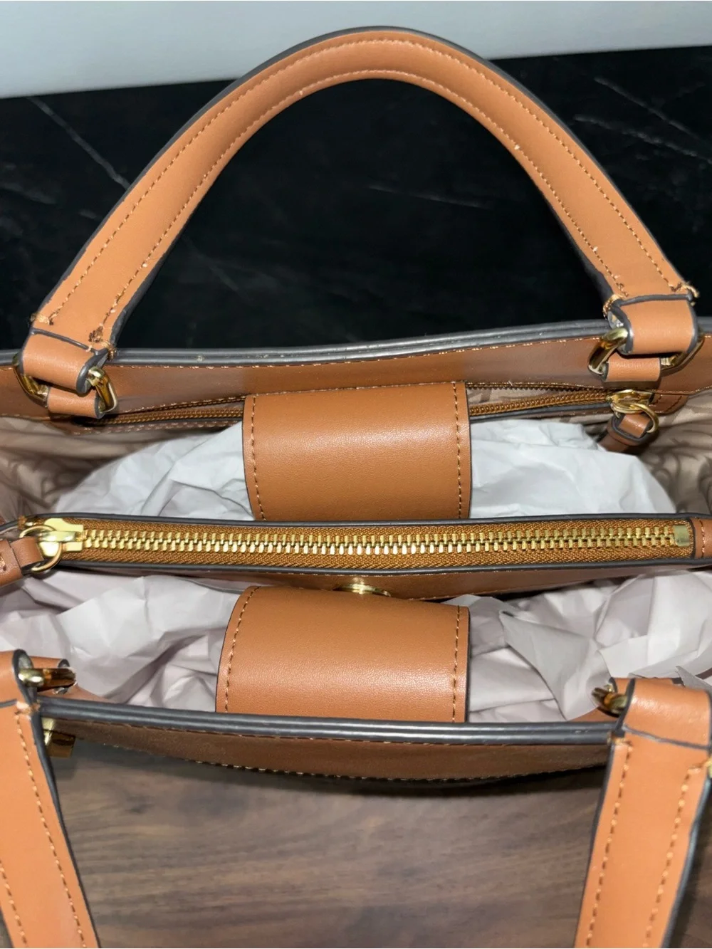 🥥Calvin Klein Brown Monogram Satchel with Tan Trim